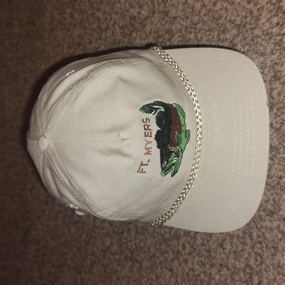 Vintage Ft Myers Embroidered Fishing Faux Leather Strapback Hat w/Rope Beige
